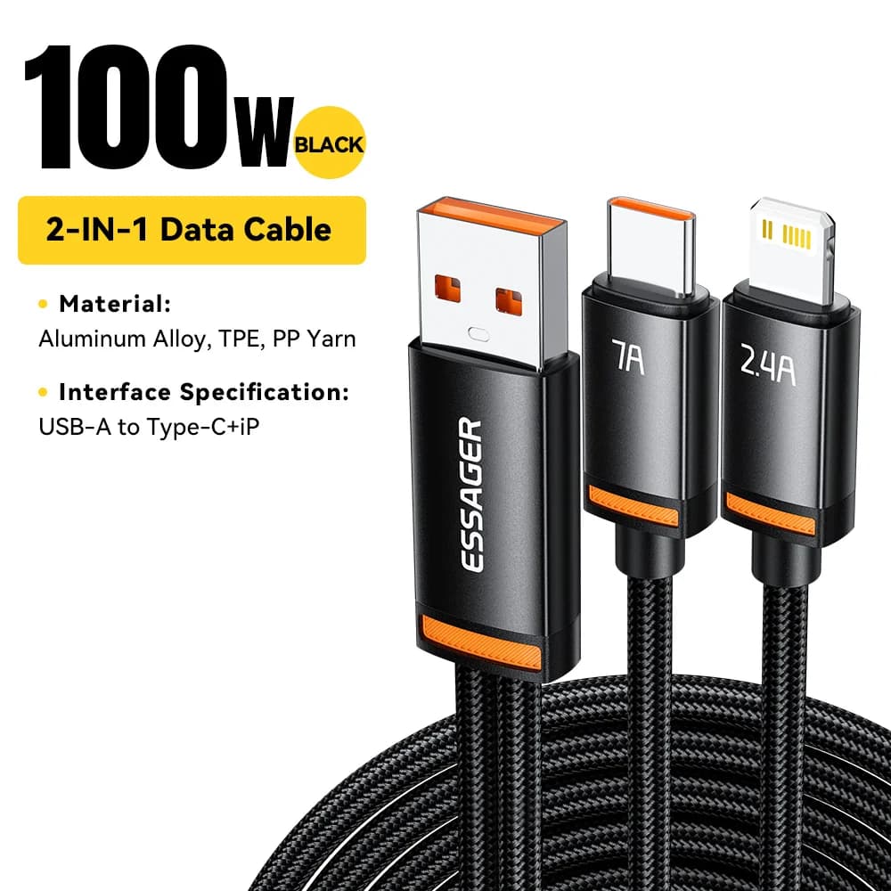 2-in-1 USB-A auf Typ-C und Lightning Kabel, 100W