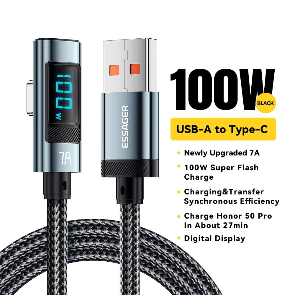 7A 100W Winkel USB-C Kabel mit Digitalanzeige