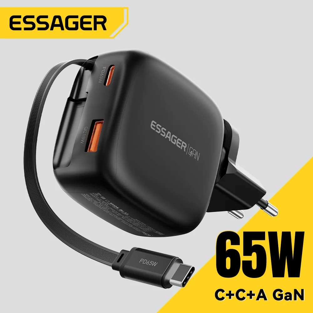 65W GaN-Ladegerät mit einziehbarem 3-in-1 USB-C-Kabel