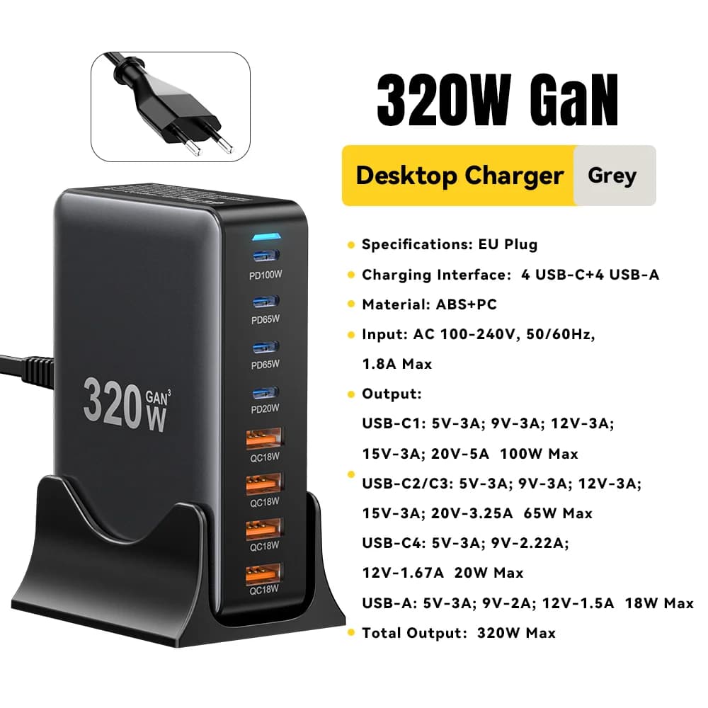 320W 8-Port GaN Desktop USB-C Ladestation