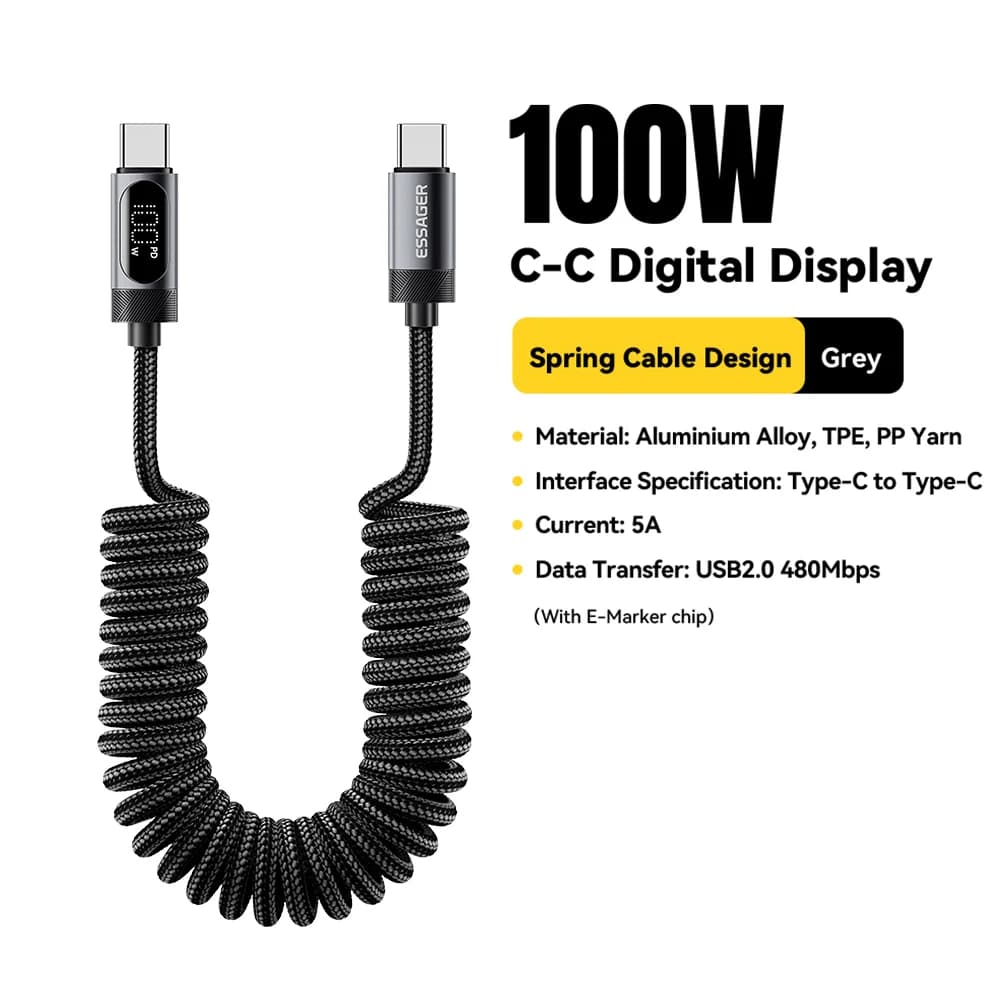 100W Federkraft USB-C auf USB-C Autokabel