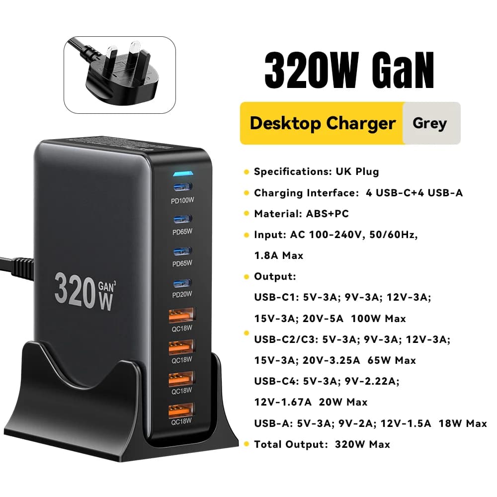 320W 8-Port GaN Desktop USB-C Ladestation